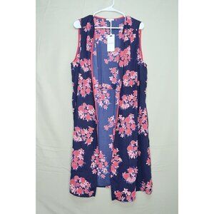 NWT Anthropologie Pleione Open Front Floral Duster Vest Pockets Navy Pink Large